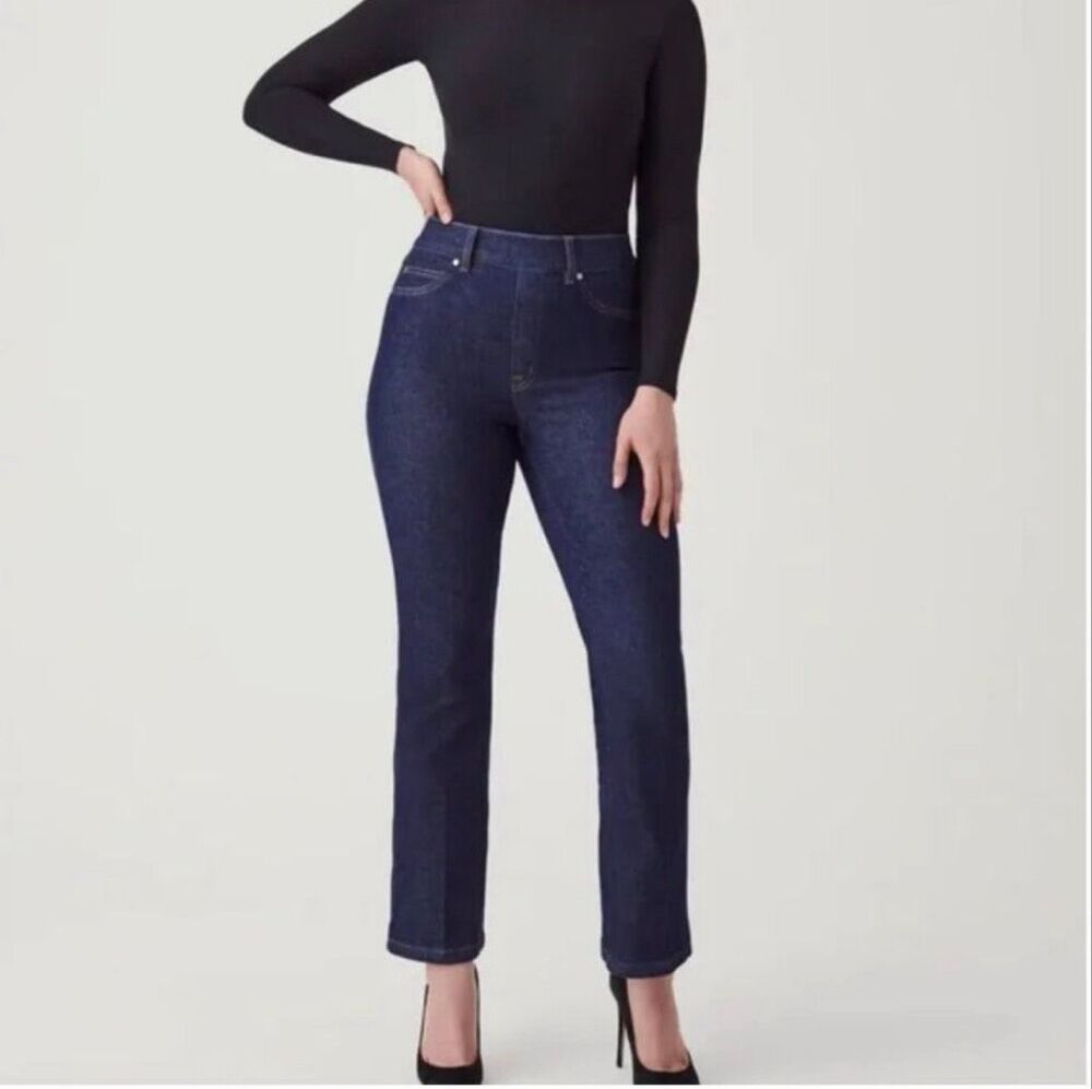 SPANX Kick Flare Jeans Indigo High Rise Pull On Sculpting Denim M